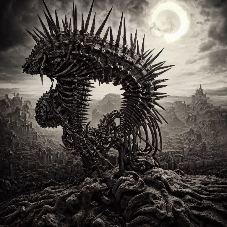 Image similar to surreal greek spine spinal statue covered with spikes, dark dramatic clouds, surreal abandoned buildings, dream-like heavy atmosphere, baroque painting, beautiful detailed intricate insanely detailed octane render trending on Artstation, 8K artistic photography, photorealistic, dramatic volumetric cinematic light, chiaroscuro, Raphael, Caravaggio, Beksinski, Giger
