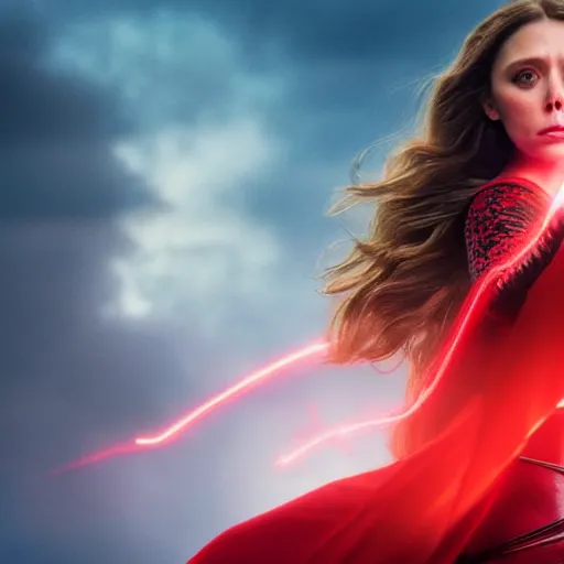 Prompt: movie still of elizabeth olsen as the scarlet witch afloat!!!!! in the air with red glowing eyes, emanating red magic!!!!! from her palms, full - body portrait, trending on artstation, 8 k quality, cgsociety contest winner, artstation hd, artstation hq, luminous lighting, beautiful cloudy atmosphere