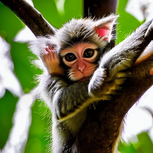 Prompt: monkey kitten, in a tree, Nikon, telephoto