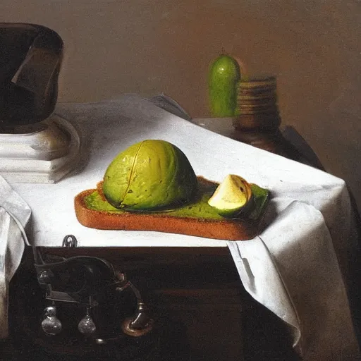 Image similar to still life by willem claesz heda, avocado toast, money