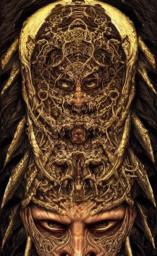 Image similar to Elden Ring themed painting of ancient hybrid majestic aztec shaman fantasy cyber human beautiful symmetrical face angry mask closeup face mask tattoo pattern golden ratio concept, deep forest psytrance Neo-Gothic concept, infinity glyph waves, intricate artwork masterpiece, very coherent artwork, cinematic, full frontal facial features by Artgerm, Takato Yamamoto, Zdizslaw Beksinski, Johnatan Wayshak, Moebius, H.R. Giger, Ayami Kojima, very coherent artwork, trending on cgsociety, ultra high quality model, production quality cinema model, high detail chromatic ink outline, octane render, unreal engine 8k, hyper realism, high detail, octane render, unreal engine, 8k, High contrast