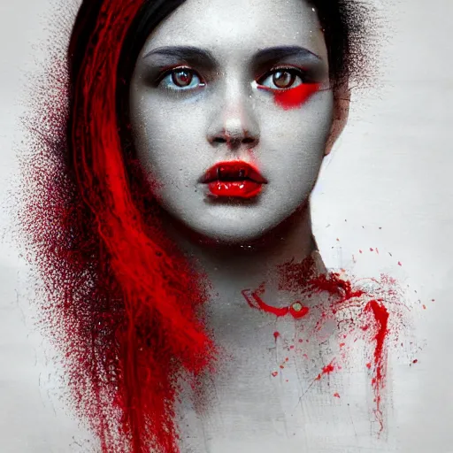 Image similar to masterpiece dynamic portrait of an aesthetic beautiful realistic black haired woman protesting, 3 0 years old woman, mid long hair, black eyed, small red peace symbol on the face, digital painting by wlop, atmospheric red effects, sparkles, artstation, deviantart, large view, red color scheme, revolution, motion blur, dark background