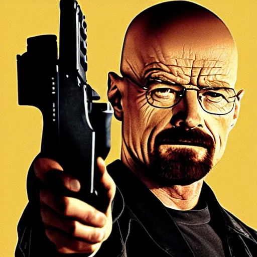 Image similar to Walter white holding a gun to jesse pinkmans head, poster, dramatic