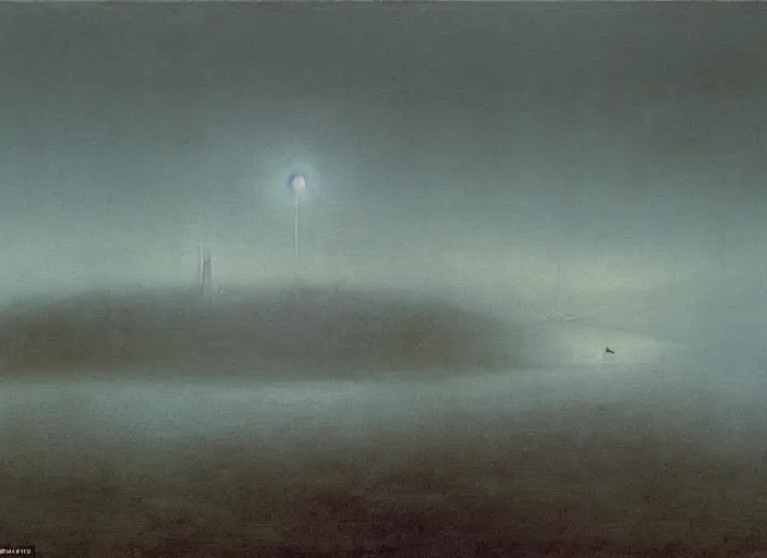 Image similar to the misty landscapes of dementia, abstract shapes and incomprehensible objects, uncanny landscape, familiar and yet foreign, uncertainty, painted by Caspar David Friedrich and Zdzislaw Beksinski