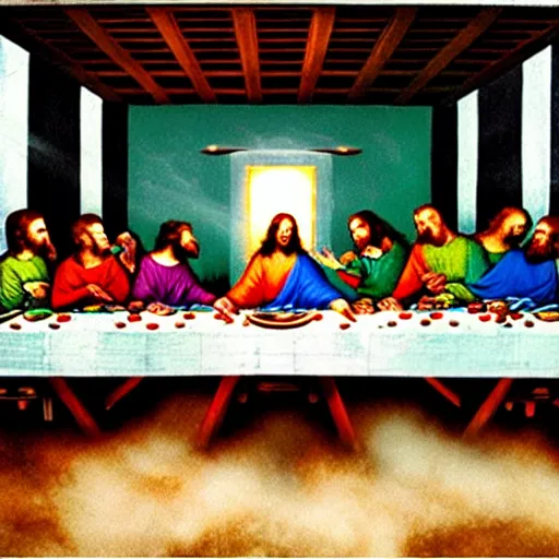 Image similar to The Last Supper, made of colored smoke