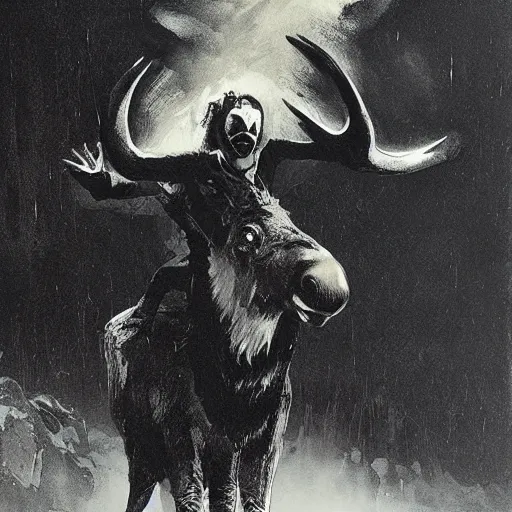 Image similar to portrait of a scary clown riding a moose, by peder balke by peder balke by greg rutkowski, by guido crepax by norman bluhm mystic high contrast monochromatic noir