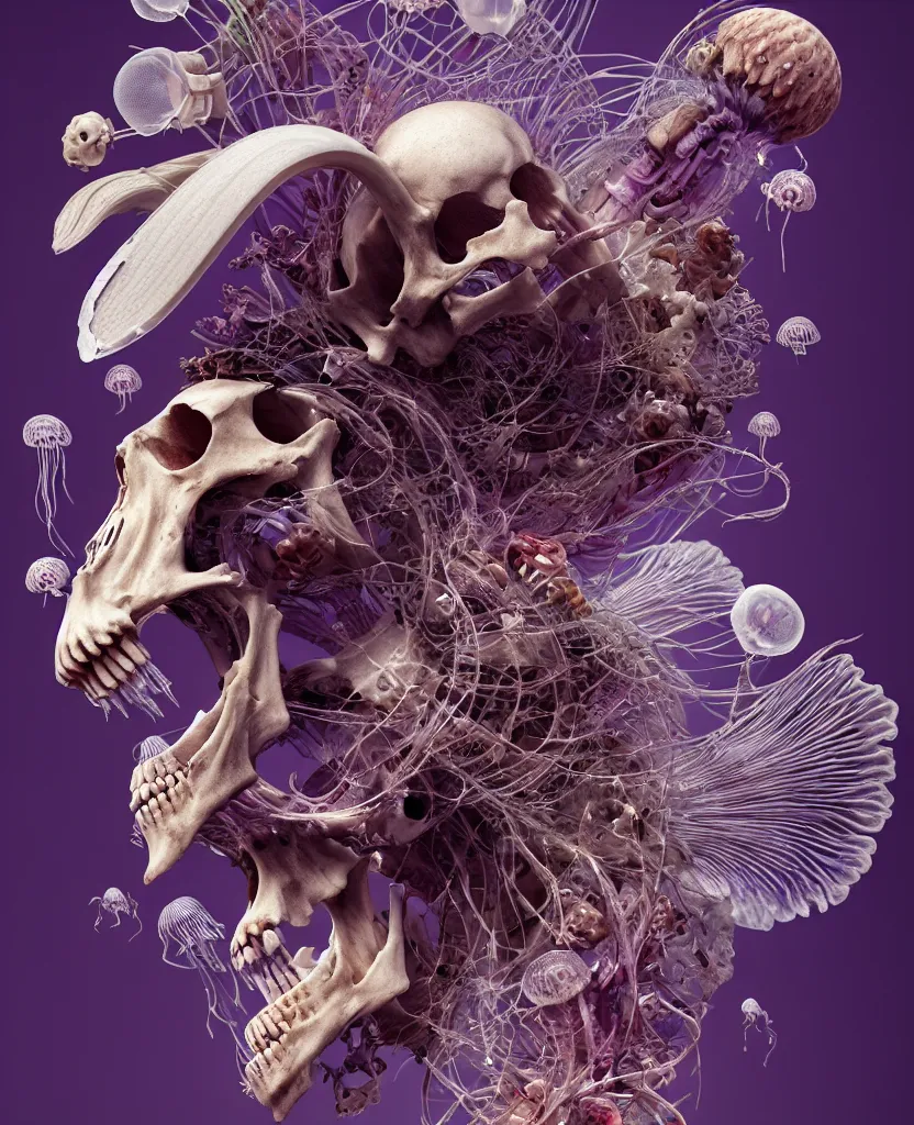 Image similar to goddess close-up portrait ram skull, skeleton, thorax, x-ray, backbone, jellyfish phoenix head, nautilus, orchid, skull, betta fish, bioluminiscent creatures, intricate artwork by Tooth Wu and wlop and beeple. octane render, trending on artstation, greg rutkowski very coherent symmetrical artwork. cinematic, hyper realism, high detail, octane render, 8k