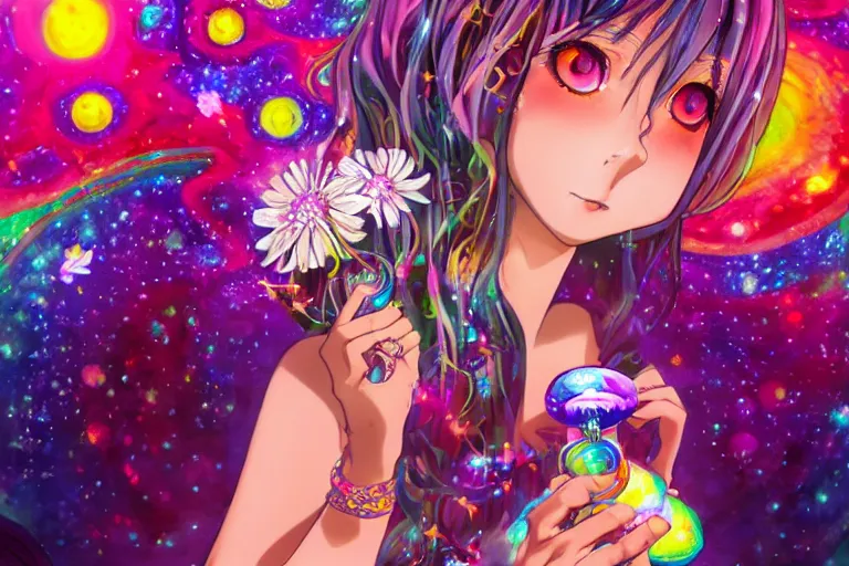 Prompt: psychedelic, whimsical, anime, 4k, beautiful lusty woman smoking a bong, with professional makeup, long trippy hair, a crystal and flower dress, sitting on a reflective pool, surrounded by gems, underneath the stars, rainbow fireflies, trending on patreon, deviantart, twitter, artstation, volumetric lighting, heavy contrast, art style of Ross Tran and Miho Hirano and Ilya Kuvshinov