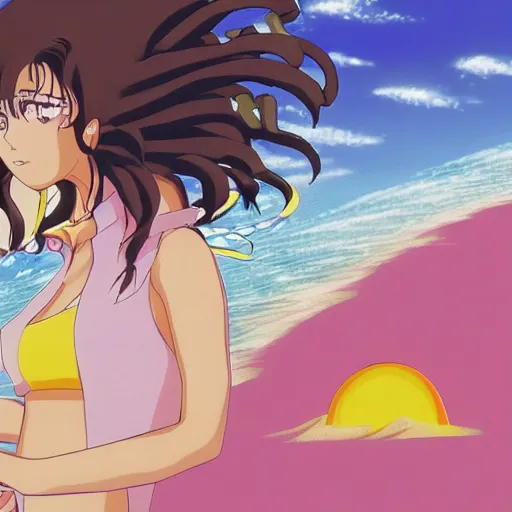 Image similar to girl making a sand castle on the beach, sprite, vaporwave nostalgia, visual novel cg, 8 0 s anime vibe, kimagure orange road, yu - no, initial d, sketch by by osamu tezuka, directed by beat takeshi, wallpaper, ultra hd, vlc screenshot