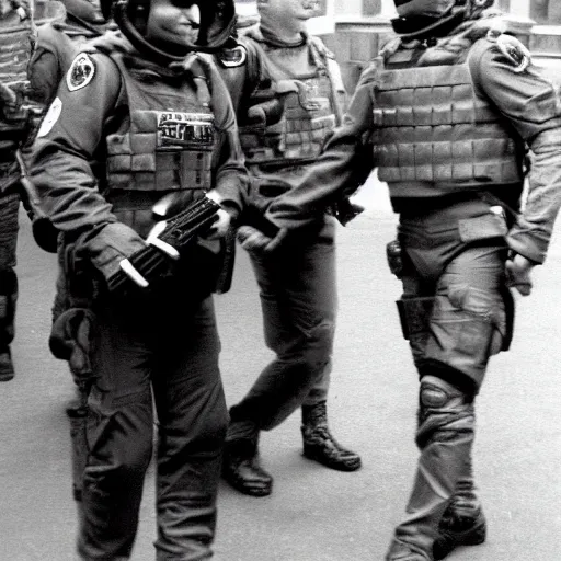 Image similar to extraterrestrial zeta reticulan grey alien, being arrested by spetsnaz