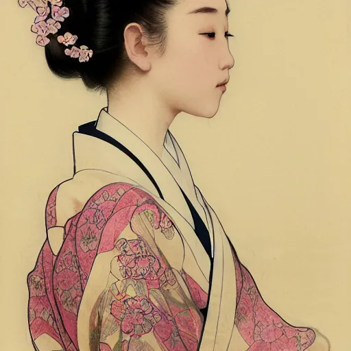 Image similar to side portrait of a young japanese woman wearing a kimono, cherry blossom crown, long hair, hair down, headshot, hyper realistic, pale skin, 4k, rule of thirds, extreme detail, detailed drawing, trending artstation, hd, fantasy, D&D, realistic lighting, by Alphonse Mucha, Greg Rutkowski, sharp focus, backlit, elegant