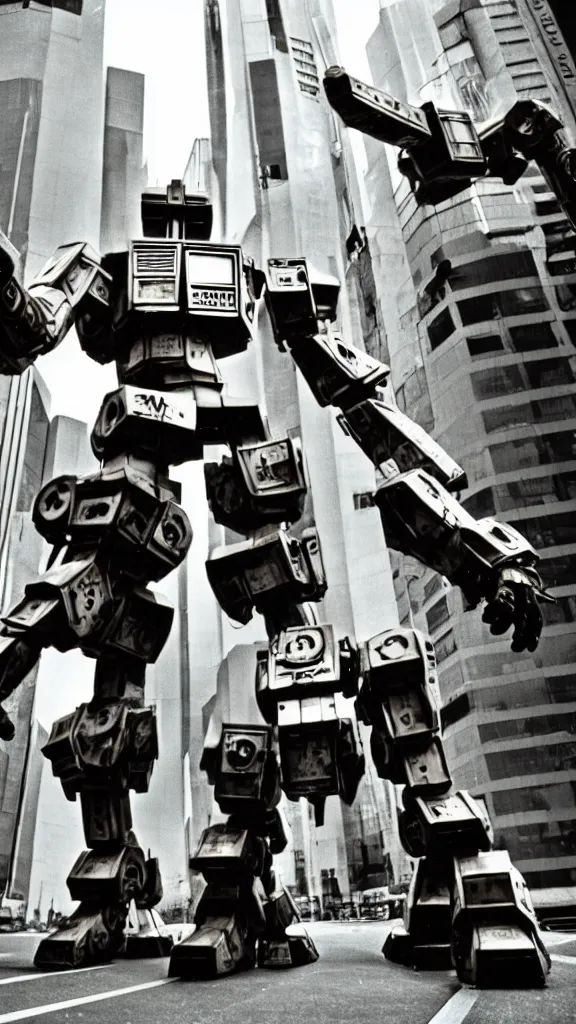 Prompt: 1 9 8 0 s giant robots fighting over tokyo, yashica t 4, slight motion blur