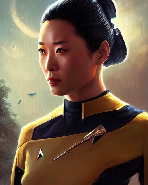 Image similar to star trek but the cast are all chinese, real life skin, intricate, highly detailed, artstation, concept art, smooth, sharp focus, art by artgerm and greg rutkowski