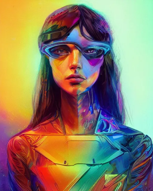 Image similar to colorful portrait of a brunette hippie, but set in the future 2 1 5 0 | highly detailed | very intricate | symmetrical | professional model | cinematic lighting | award - winning | painted by mandy jurgens | pan futurism, dystopian, bold psychedelic colors, cyberpunk, anime aesthestic | featured on artstation