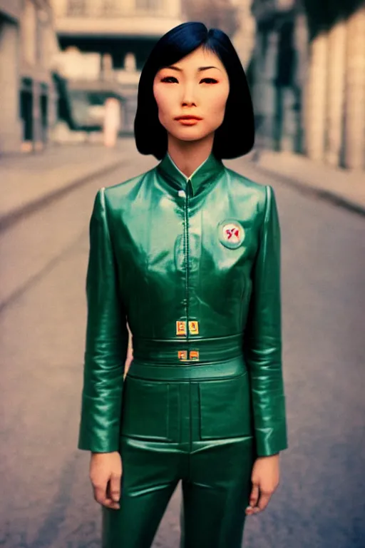 Prompt: ektachrome, 3 5 mm, highly detailed : incredibly realistic, youthful asian demure, perfect features, feminine cut, beautiful three point perspective extreme closeup 3 / 4 portrait photo in style of chiaroscuro style 1 9 7 0 s frontiers in flight suit cosplay paris street photography vogue fashion edition