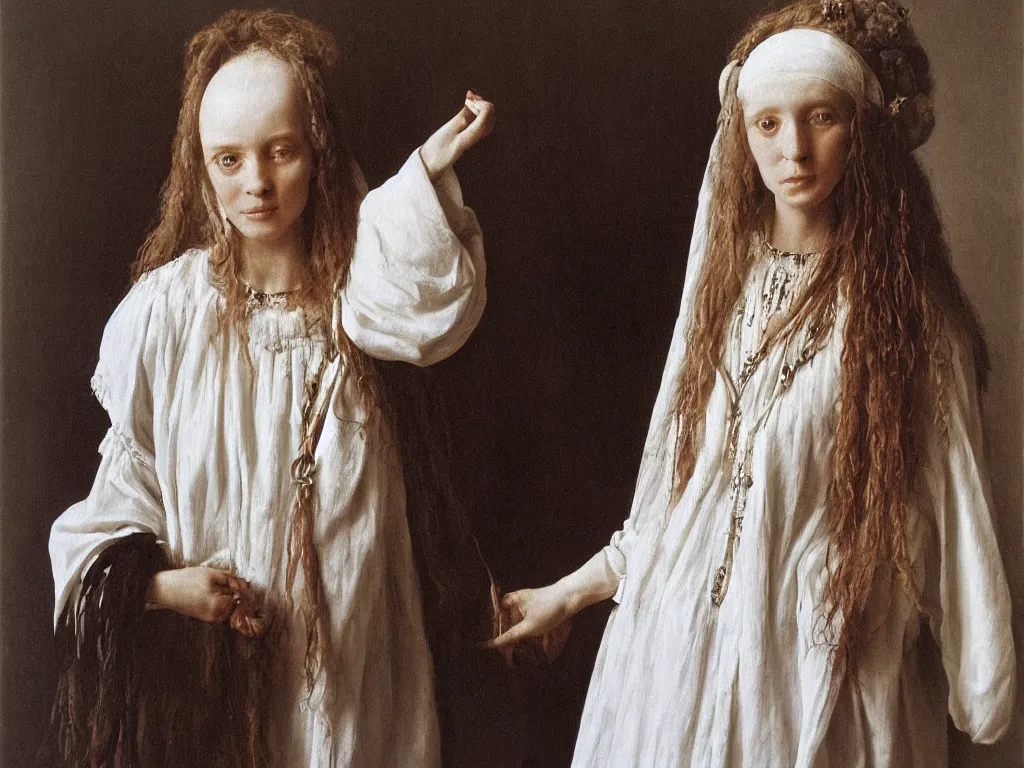 Image similar to portrait of a long haired hippy woman in a white dress. 21 th century clothes. Painting by Jan van Eyck, August Sander.