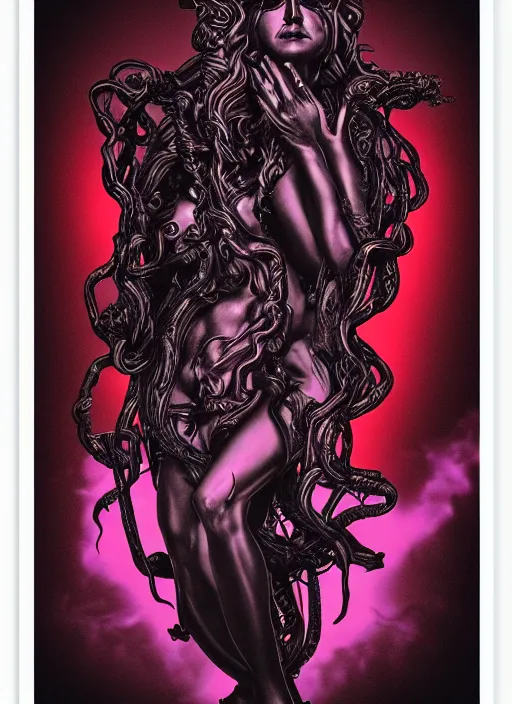 Image similar to dark design poster showing a statue of medusa, black background with very subtle red and purple design elements, powerful, nekro, vito acconci, thin straight lines, dark, glitch art, neo vaporwave, gritty, layout frame, square, trending on artstation