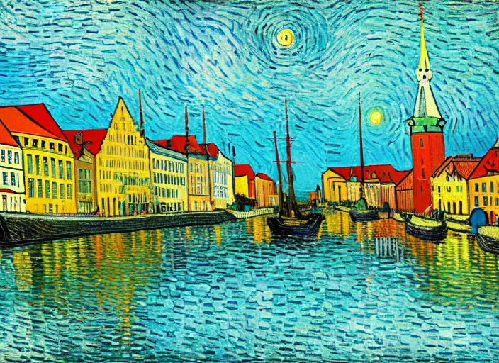 Image similar to a painting of the city of Rostock in the style of Vincent van Gogh