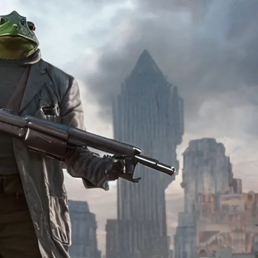 Prompt: a badass photo of frog mafia boss holding gun in marvel movie. nuri iyem, james gurney, james jean, greg rutkowski, anato finnstark, 1 3 mm