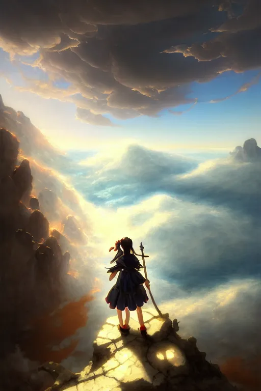 Image similar to baroque oil painting of anime key visual concept art of anime! wanderer above the sea of fog 1 8 1 8 with anime maid in armor set in grimdark fantasy, sunrays breaking through clouds, award winning, trending on artstation, palette knife! and brush strokes, oil on canvas, makoto shinkai greg rutkowski studio ghibli