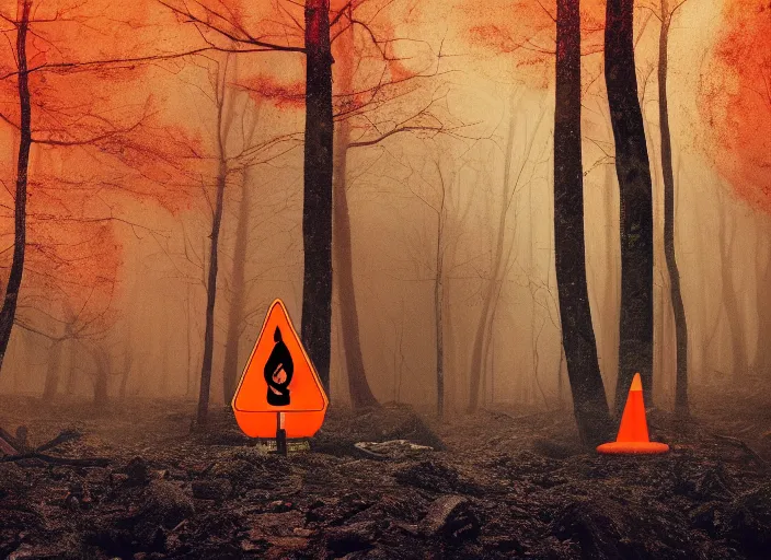 Prompt: a few orange safety cones in a beautiful strange forest, a lonely black hairy beast in the distance, cinematic painting by james jean, atomspheric lighting, moody lighting, dappled light, detailed, digital art, limited color palette, wes anderson, 2 4 mm lens, surreal