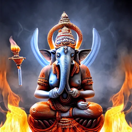 Image similar to Ultra realistic digital artwork of a possesed ganesha sitting in a perfect baphomet pose on a burning throne with smoke and ash floating away, improboble ammouunts of detail and accuracy, biblical art style, mana art, prophetic art, ultra detailed, high coherency, DSLR HDR 8k, by Simon Wong of Artstation