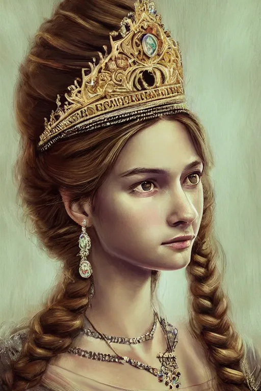 Image similar to beautiful very detailed portrait of a young princess with lots of jewelry in the face, full body, in the background there is a minimalistic palace, digital art , dramatic cinematic lighting rendered by octane, 8k, detailed, intricate, clean and textures, trending on artstation, treanding on deviantart, trending on cgsociety, pinterest, by Lauren Brevner + KEHINDE WILEY