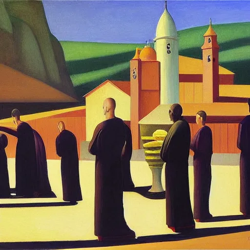 Image similar to monks queue up for ice cream, grant wood, pj crook, edward hopper, oil on canvas