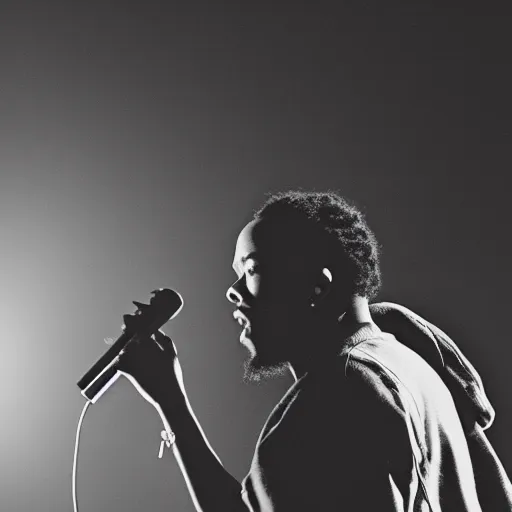 Image similar to side angle of kendrick lamar rapping into a microphone, smoke in the background, night time, 4 k