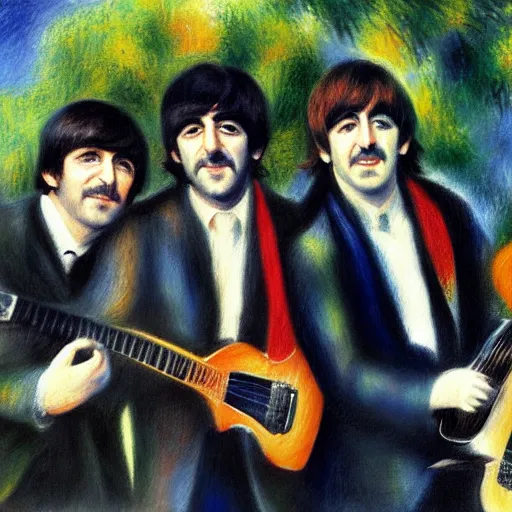 Image similar to Painting of The Beatles, in the style of Renoir