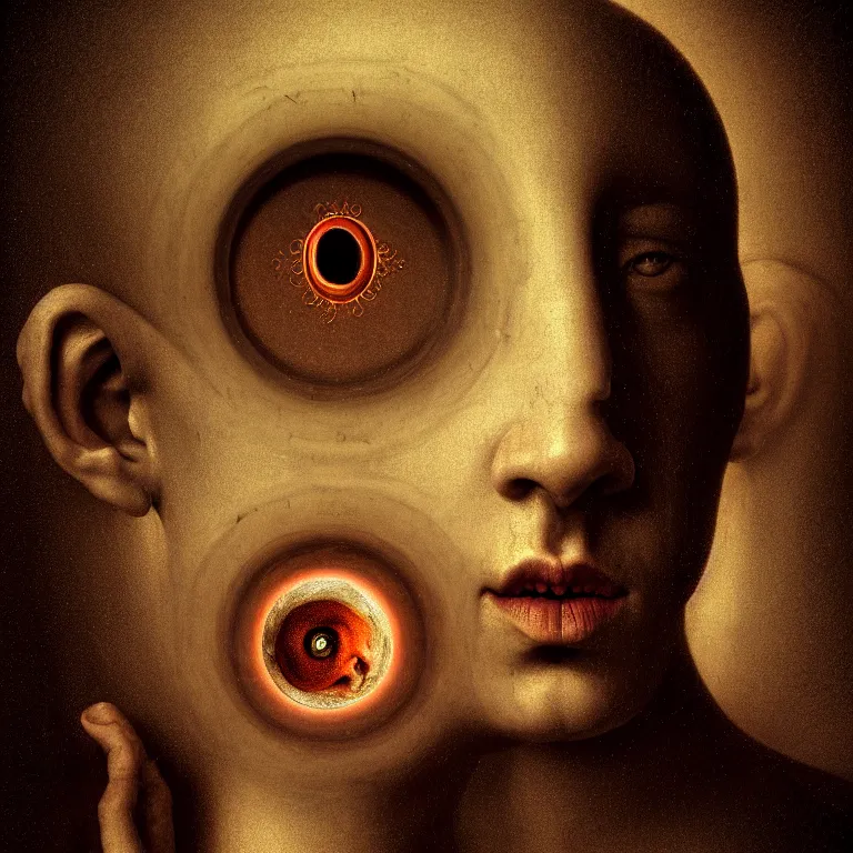Prompt: symmetrical portrait of beautiful man covered with eyes inside holes, embryos, by hieronymus bosch, lucid dream - like heavy atmosphere, baroque painting, perfect composition, detailed octane render trending on artstation, 8 k artistic photography, volumetric cinematic perfect light, chiaroscuro, masterpiece, raphael, caravaggio, beksinski, rutkowski