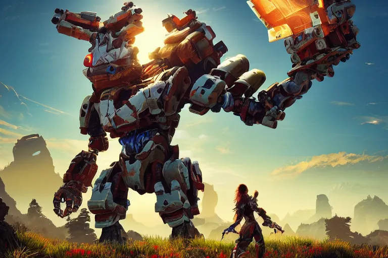 Image similar to scrapper machine mecanical creature robot of horizon forbidden west horizon zero dawn radiating a glowing aura global illumination ray tracing hdr fanart arstation by ian pesty and alena aenami artworks in 4 k