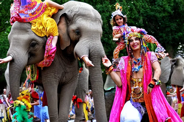 Image similar to bohemian fairy riding an elephant in an Indian parade