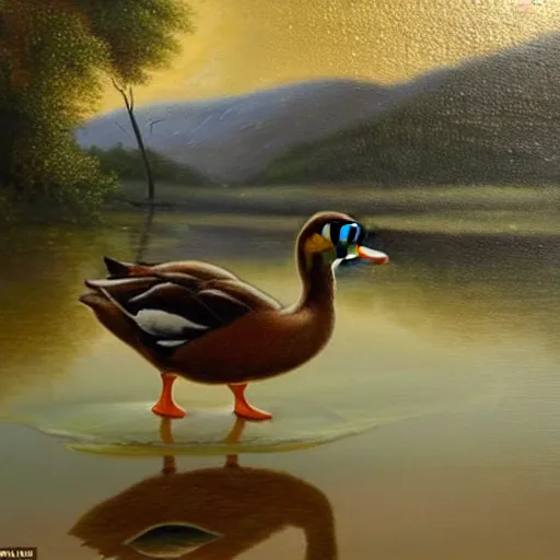 Prompt: A highly detailed oil painting of a duck walking towards a lake filled with pure gold instead of water