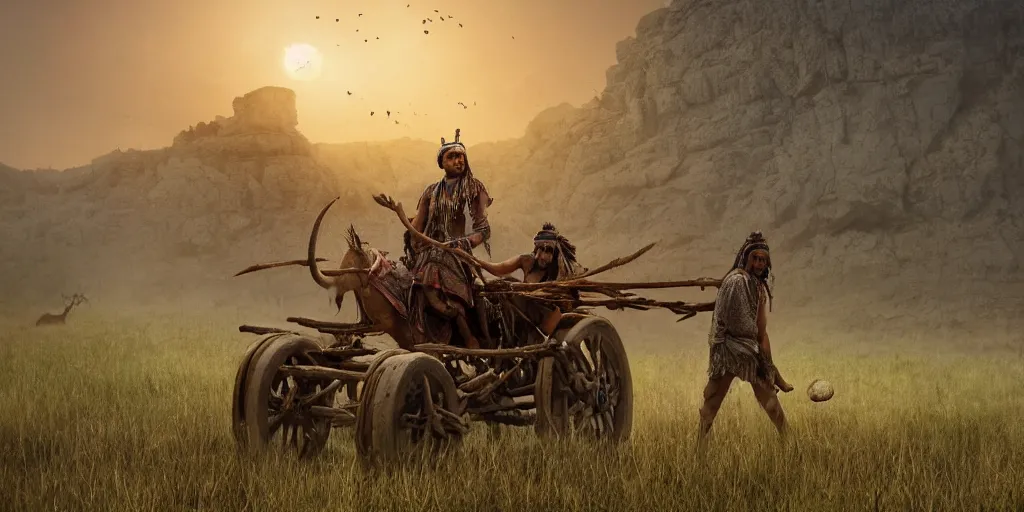 Image similar to photorealistic photo of an ancient indian tribesman on ancient atv with big wooden wheels, hunting panicked buffalo herd ,attacking, wild chase, action scene, an epic fantasy, dramatic lighting, cinematic, establishing shot, extremely high detail, photorealistic, cinematic lighting, artstation, octane render, by simon stalenhag, horizon forbidden west,old photo, high speed photography, vintage, extreme sports