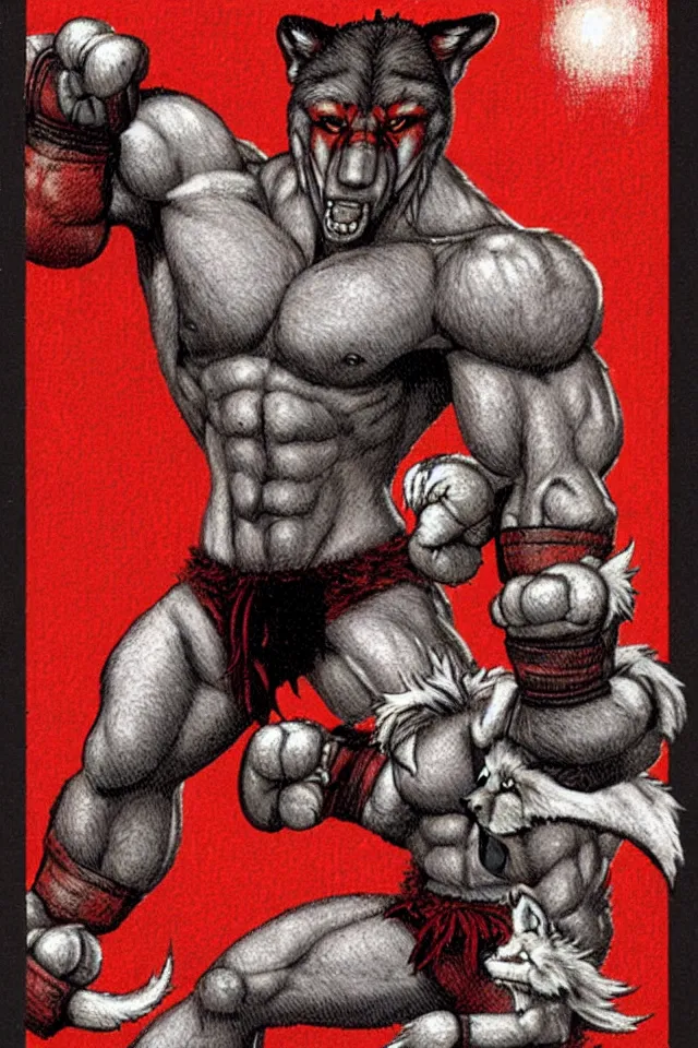 Prompt: long shot. 8 bit nes graphics. antropomorphic muscular masculine wolf. kickboxer fighter, in shorts. wolf head. fine details, very sharp, art from nes game cartridge, marc simonetti and hermann nitsch