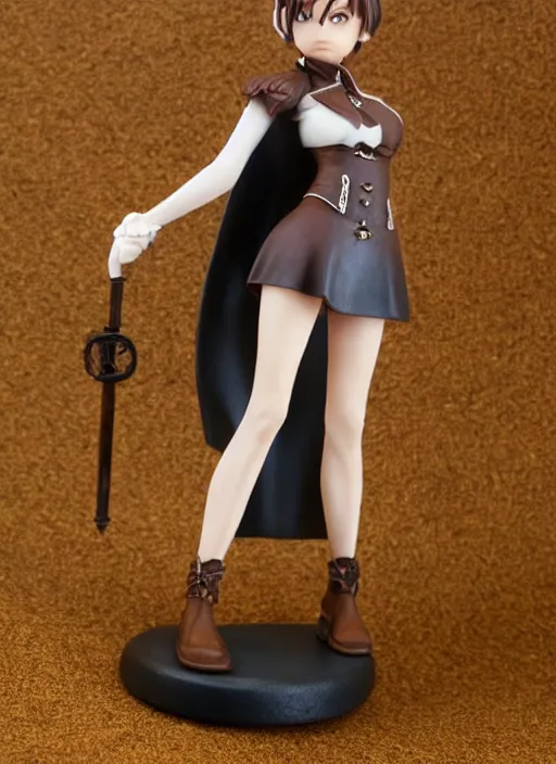 Image similar to 80mm resin detailed miniature of a female alchemist with short brown hair wearing a short dress, white stockings, leather boots and cape, Product Introduction Photos, 4K, Full body