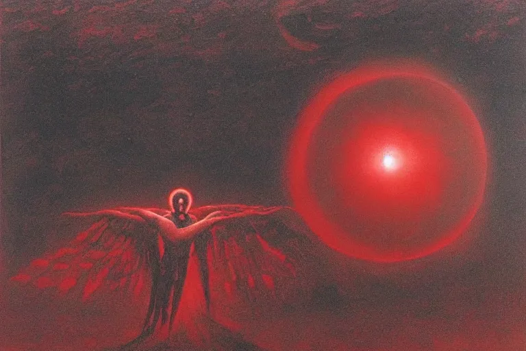 Image similar to people activate behelit in the middle of eclipse, human sacrifice , Old testament angel, dark sky, red cloud, sea of blood, beksinski