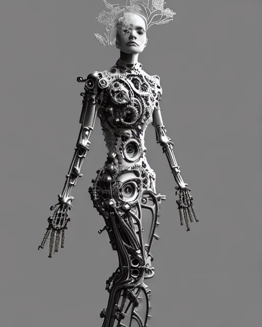 Image similar to monochrome 3 d model, 1 9 4 0 picture, silver floral steampunk biomechanical beautiful young female cyborg with porcelain profile face and a techno eye, volumetric light, leaves foliage and stems, hibiscus flowers, sinuous fine roots, fine foliage lace, alexander mcqueen, rim light, big gothic fashion pearl embroidered collar, octane render, 8 k