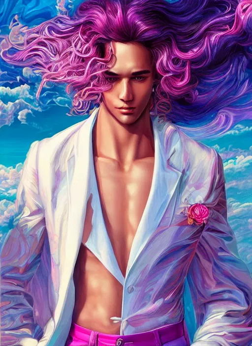 Image similar to magical, beautiful young man, wavy flowing hair, extremely detailed gorgeous face, sad eyes, tears, slim athletic body and attractive face, vaporwave aesthetic, synthwave, luxurious white suit, colorful, psychedelic, intricate, elegant, highly detailed, digital painting, artstation, concept art, smooth, sharp focus, illustration, art by artgerm and greg rutkowski and alphonse mucha