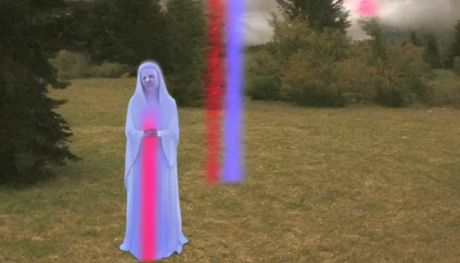 Prompt: 2 0 0 8 nokia flipphone footage of marian apparition, marian apparitions distant in clouds, red line circle drawn around subject, jpg damage