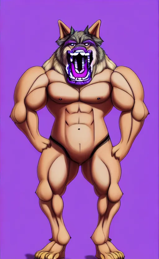 Image similar to painting of an anthropomorphic bulky muscular purple wolf, furry style, wearing jeans, deviant art, fursona, professional furry drawing, insanely detailed, bulky wolf - like face with dragon features, doing a pose from jojo's bizarre adventure, detailed veiny muscles, exaggerated features, beautiful shading, huge teeth, grinning, colorful background