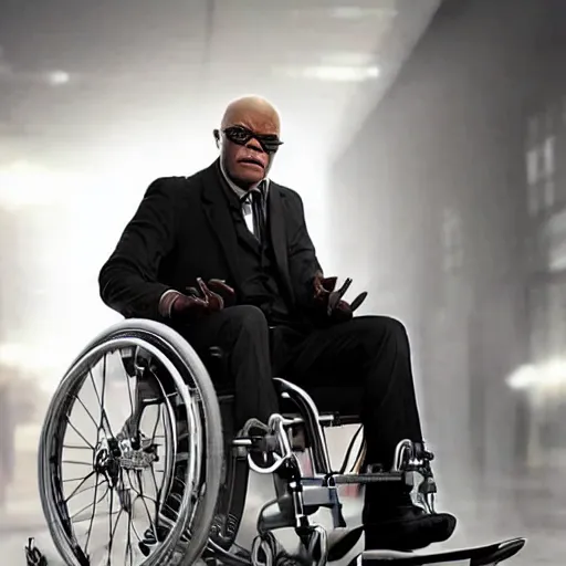 Prompt: Samuel L. Jackson as Professor X, it's the wheelchair that says Bad Motherf*cker, hyper realistic, x-men, superhero, marvel, 4k cinematic