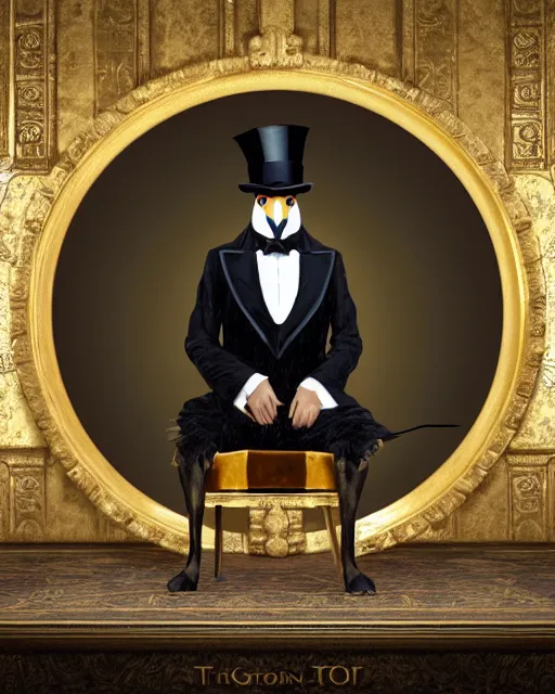 Image similar to oil painting of posh penguin wearing top hat sitting on golden throne, sharp focus, fantasy style, golden steampunk treasury backround, octane render, volumetric lighting, 8k high definition, by greg rutkowski, highly detailed, trending on art Station, magic the gathering artwork, centered