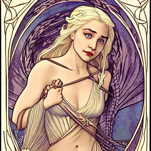 Image similar to ann heche as daenerys targaryen, mucha style,