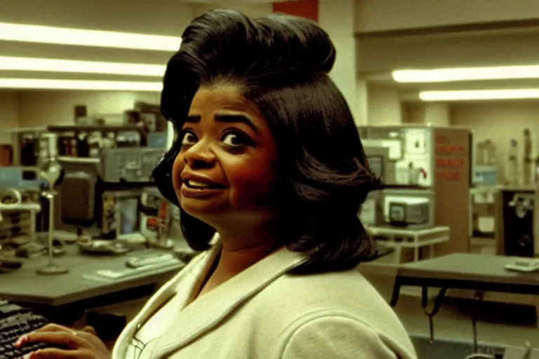 Image similar to cinematic screenshot of octavia spencer in a used electronics store standing in front of an old keyboard, iconic scene from the paranoid sci fi thriller film directed by stanley kubrick, apartment set in the near future, cinematic shot with anamorphic lenses, color theory, apartment design, leading lines, photorealistic, volumetric lighting