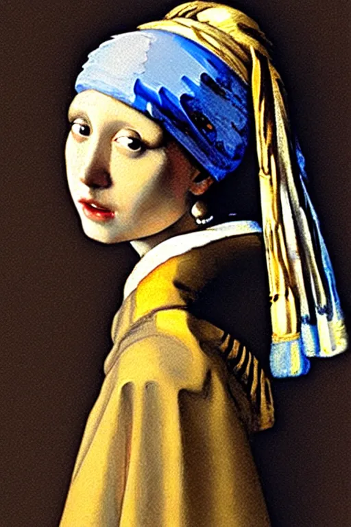 Prompt: Girl with a pearl earring by Mucha,Reference to johannes vermeer.