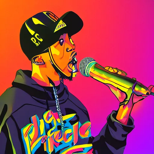 Image similar to rapper perfect at huge festival, holding microphone, epic angle, digital art, vapor wave, hip hop, trending on Artstation, professional artist, detailed, 4k