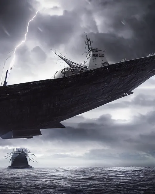 Prompt: a fishing boat on stormy seas, a gigantic star destroyer spaceship flying overhead, the star destroyer spaceship is emerging from storm clouds, stormy weather, lightning, dusk, dramatic lighting, unreal engine, hyper realism, realistic shading, cinematic composition, realistic render, octane render, detailed textures, photorealistic, ultrawide shot, 1 6 mm lens