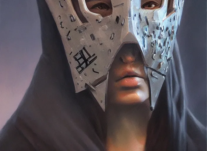 Image similar to mask with a symbol for a society secret, science fiction, concept art oil painting by Jama Jurabaev, extremely detailed, brush hard, artstation